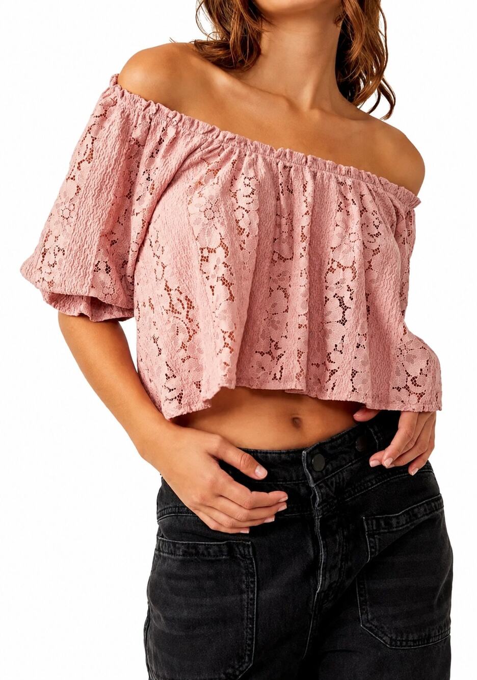 Free People Stacey Lace Top Pink Boho Off Shoulder Crop Blouse S